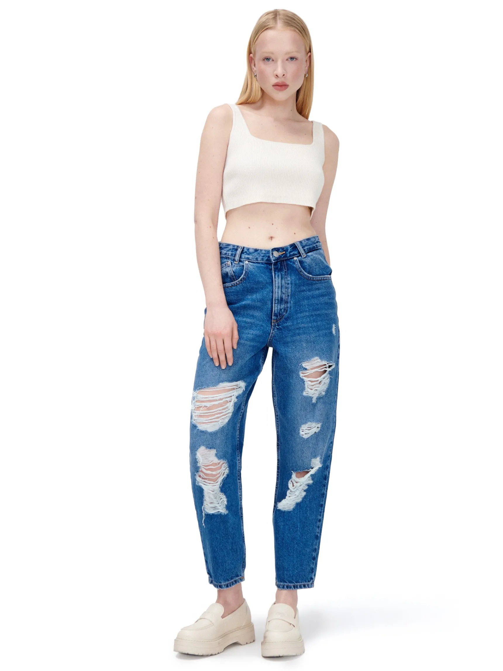 Cropp Jeansy barrel z przetarciami | Jeansy